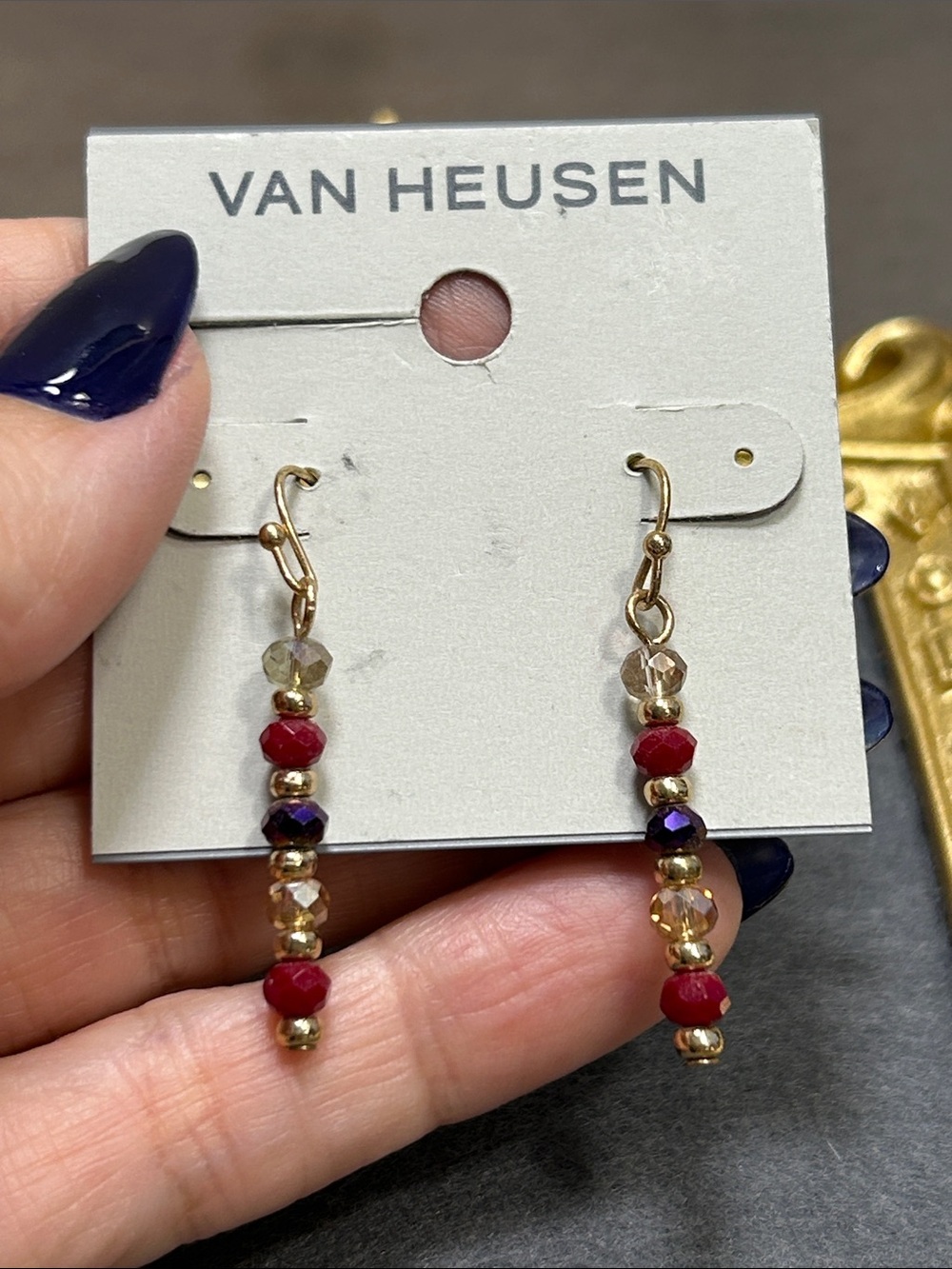 Van Heusen Gold-Tone Red and Iridescent Crystal Beaded Drop Earrings